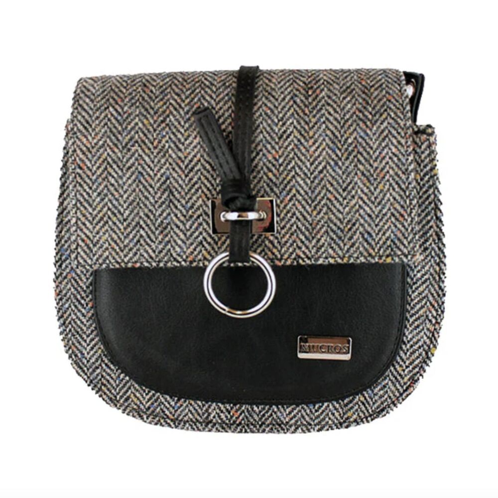 Mucros Weavers Ireland Grace Tweed Bag Grey Herringbone Wool Leather NWT